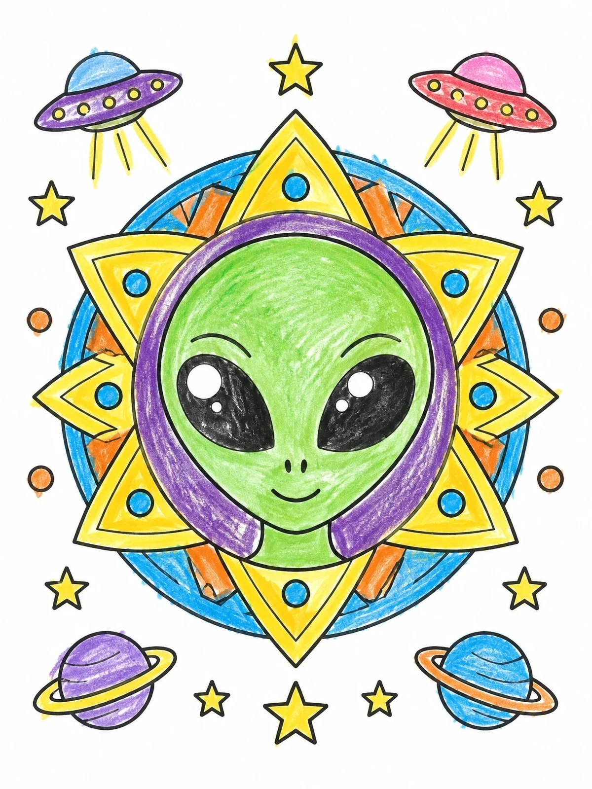Colored example of the Cute Alien In Space Mandala coloring page