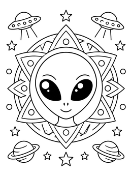 A friendly face on this scary alien coloring page framed by a cosmic mandala with flying saucers and planets.