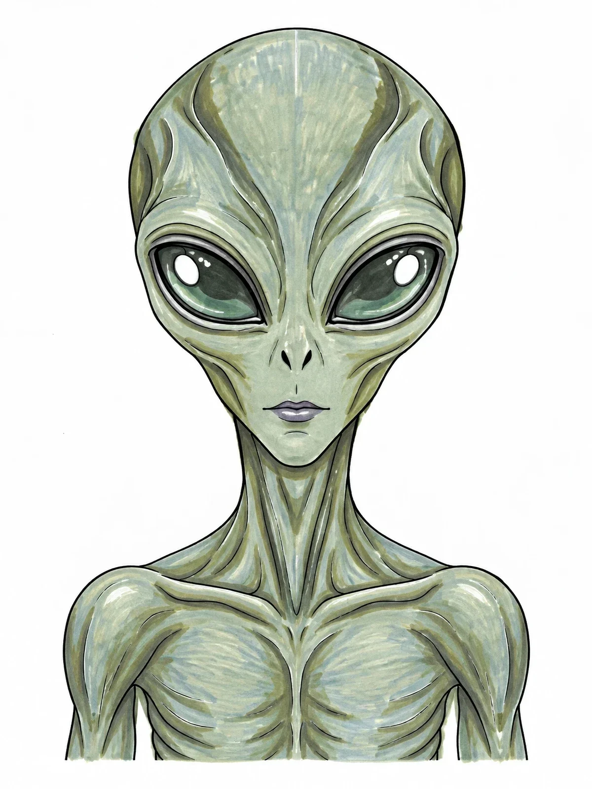 Colored example of the Extraterrestrial Portrait With Almond Eyes coloring page