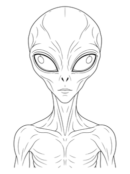A detailed scary alien coloring page featuring a slender extraterrestrial being with large eyes.