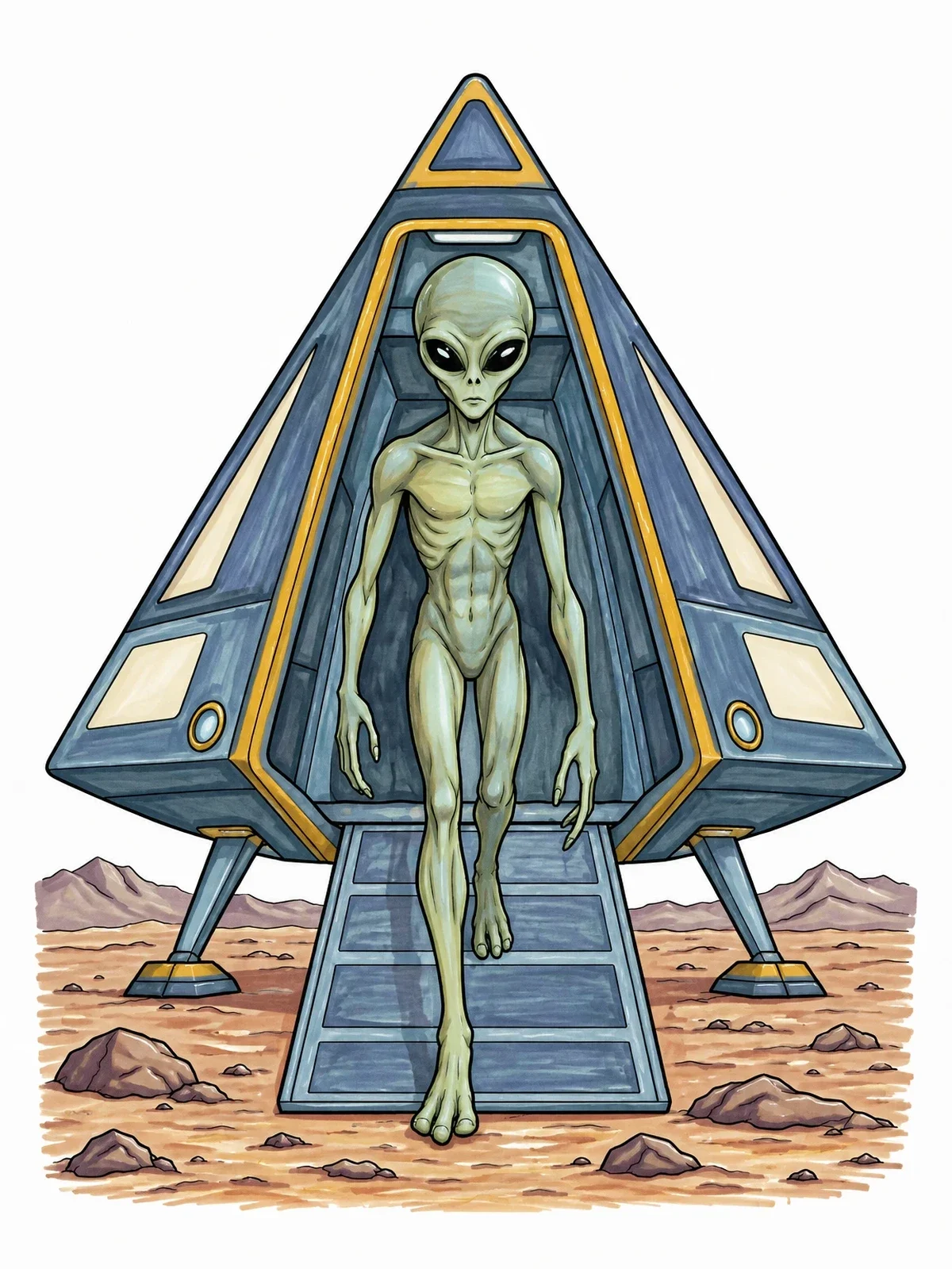 Colored example of the Extraterrestrial Stepping Out Of Spaceship coloring page