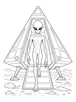 A slender extraterrestrial disembarks on this scary alien coloring page in a desert landscape.