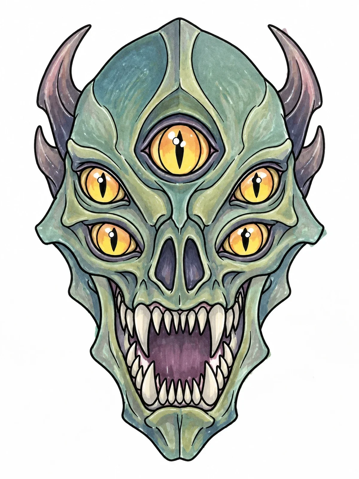 Colored example of the Five Eyed Alien Monster Skull coloring page
