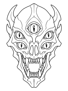 A scary alien coloring page showing a ferocious extraterrestrial skull with five eyes and sharp fangs.