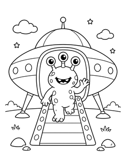 A friendly not-so scary alien coloring page with three eyes walking down a spaceship ramp.