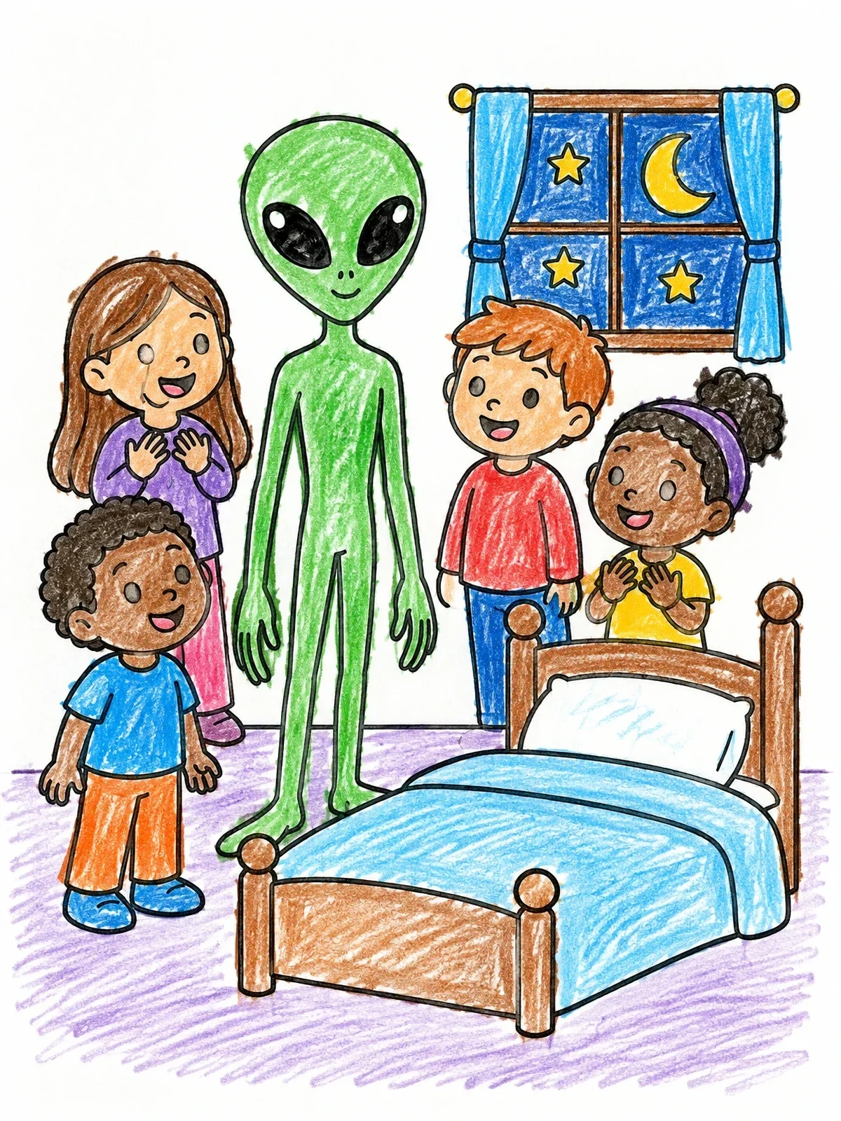 Colored example of the Friendly Alien Visiting Bedroom coloring page