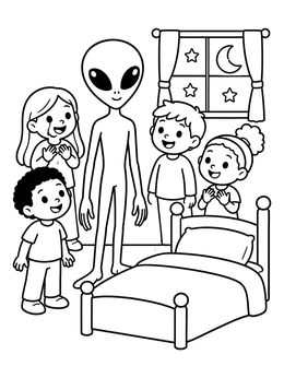 A friendly yet scary alien coloring page with a tall Grey alien visiting smiling kids in a bedroom.