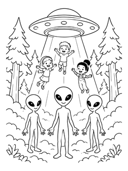 A scary alien coloring page featuring three forest aliens welcoming kids into a glowing UFO tractor beam.