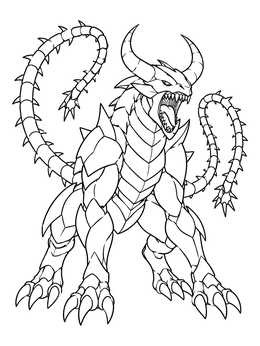A horned, armored beast roars in this scary alien coloring page with spiked tails.