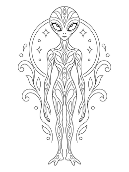 A slender extraterrestrial stands framed by stars in this scary alien coloring page.