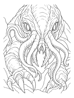 A scary alien coloring page showing a creeping monster with facial tentacles, sharp mandibles, and claws.