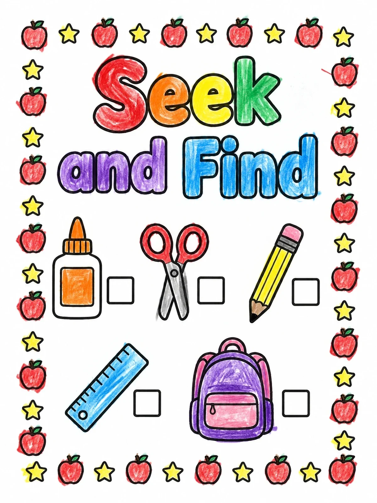 Colored example of the Classroom Seek And Find Activity coloring page