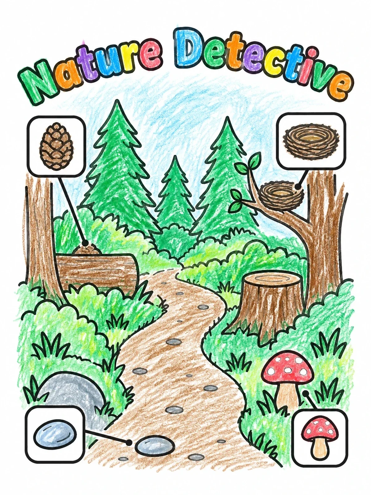 Colored example of the Nature Detective Forest Trail coloring page