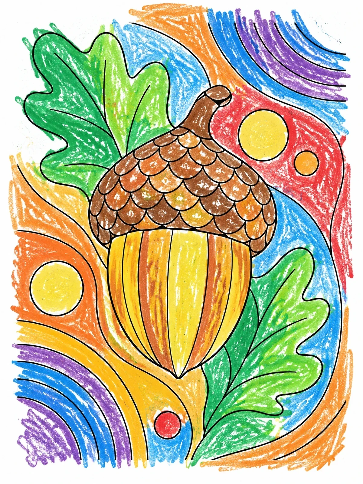 Colored example of the Stylized Oak Acorn With Leaves coloring page