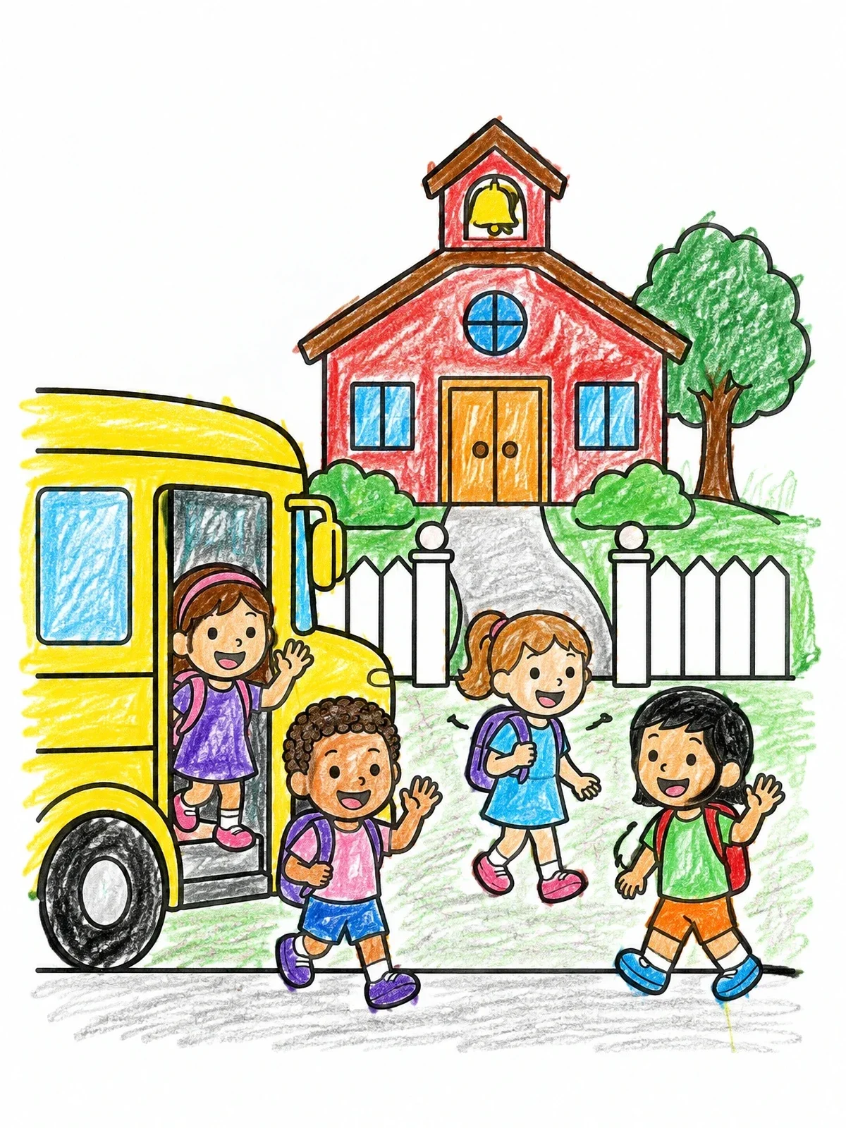 Colored example of the School Bus Drop Off At The Schoolhouse coloring page