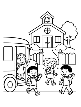 Free printable School Bus Drop Off At The Schoolhouse coloring page