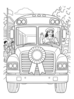 A friendly bus driver coloring page showing a decorated school bus with an award ribbon and students waiting.