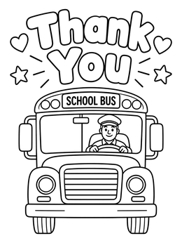 A friendly bus driver coloring page with bubble text saying Thank You above a school bus.