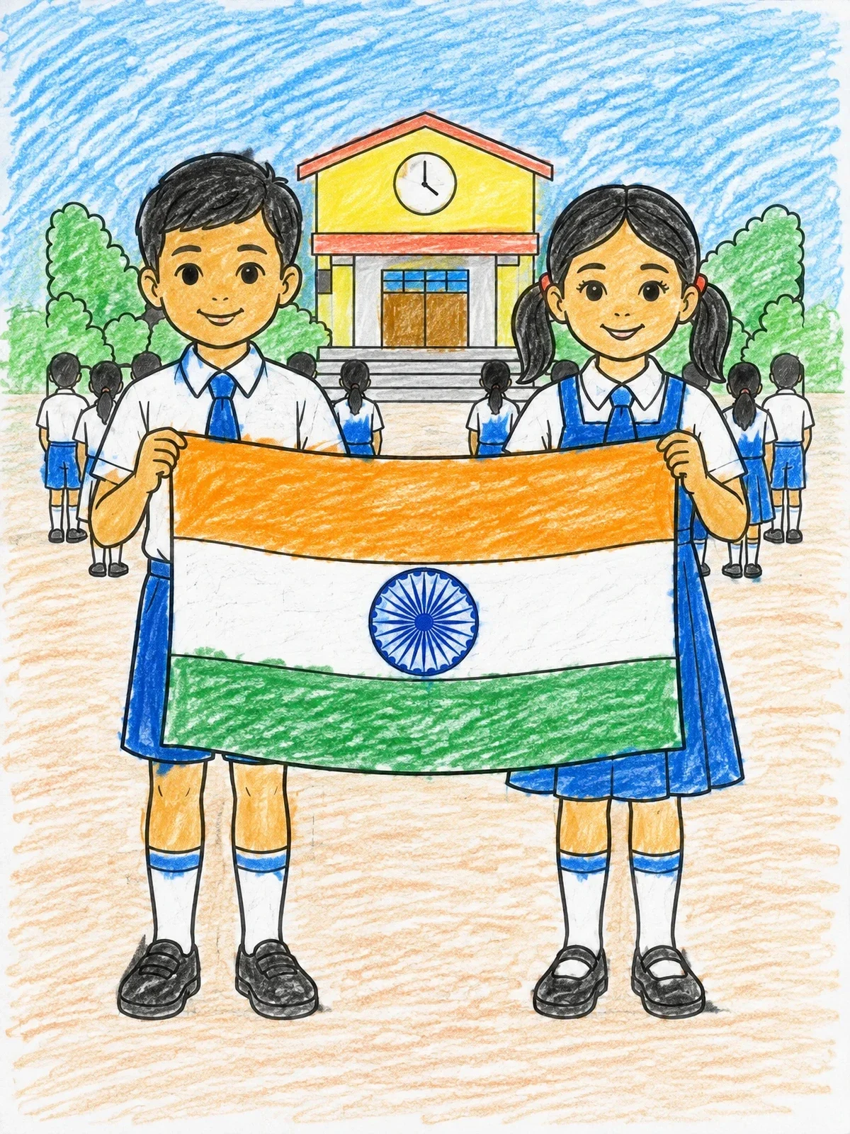 Colored example of the School Children Holding Indian Flag coloring page