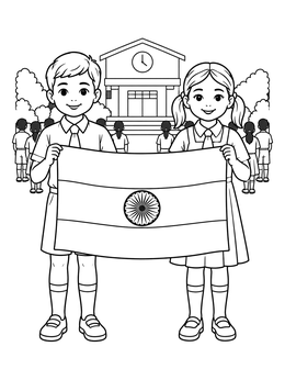School Children Holding Indian Flag coloring page