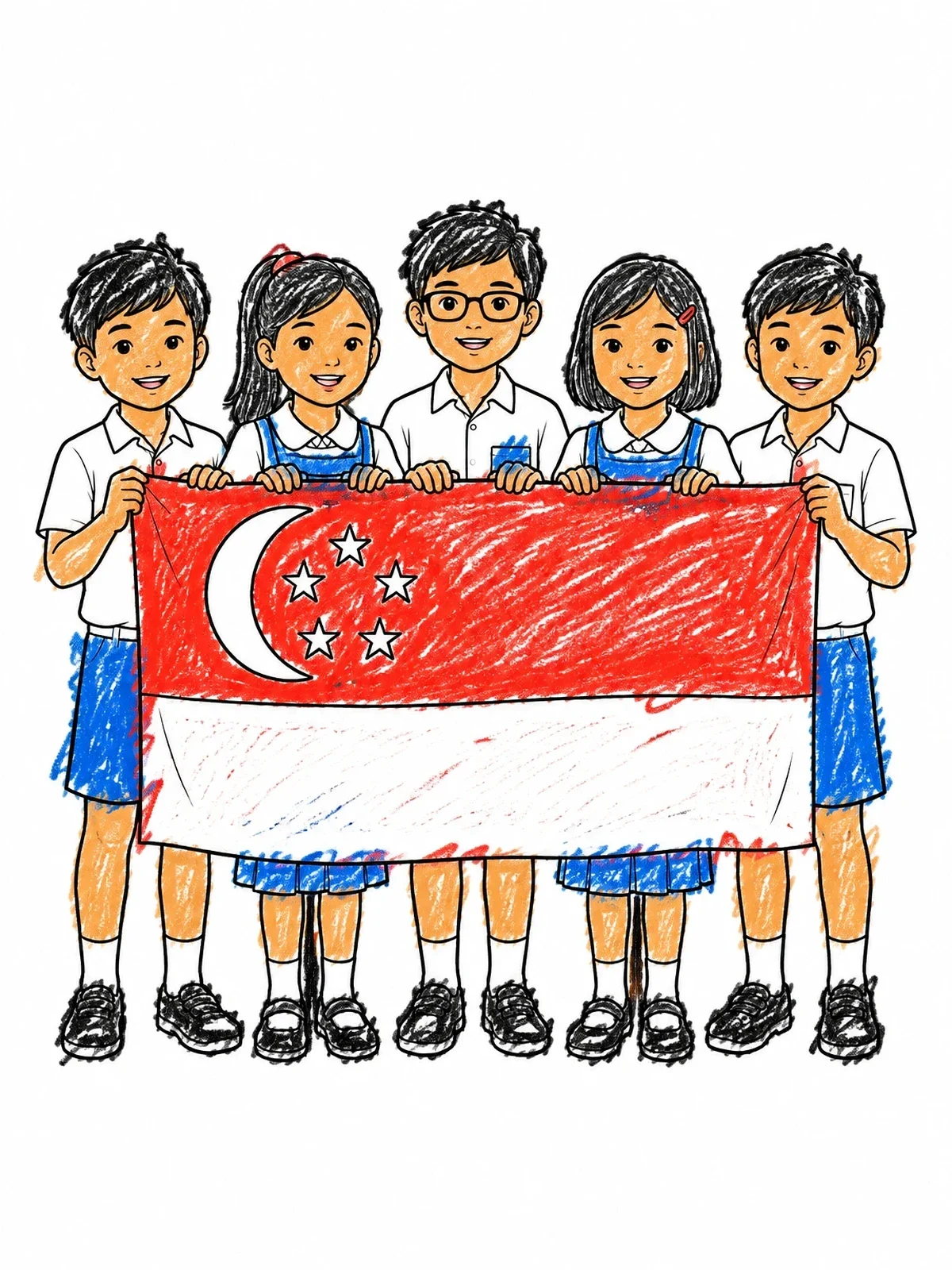 Colored example of the School Children Holding Singapore Flag coloring page