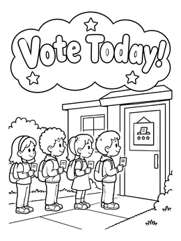 Kids queue outside a polling room in this election day coloring page.