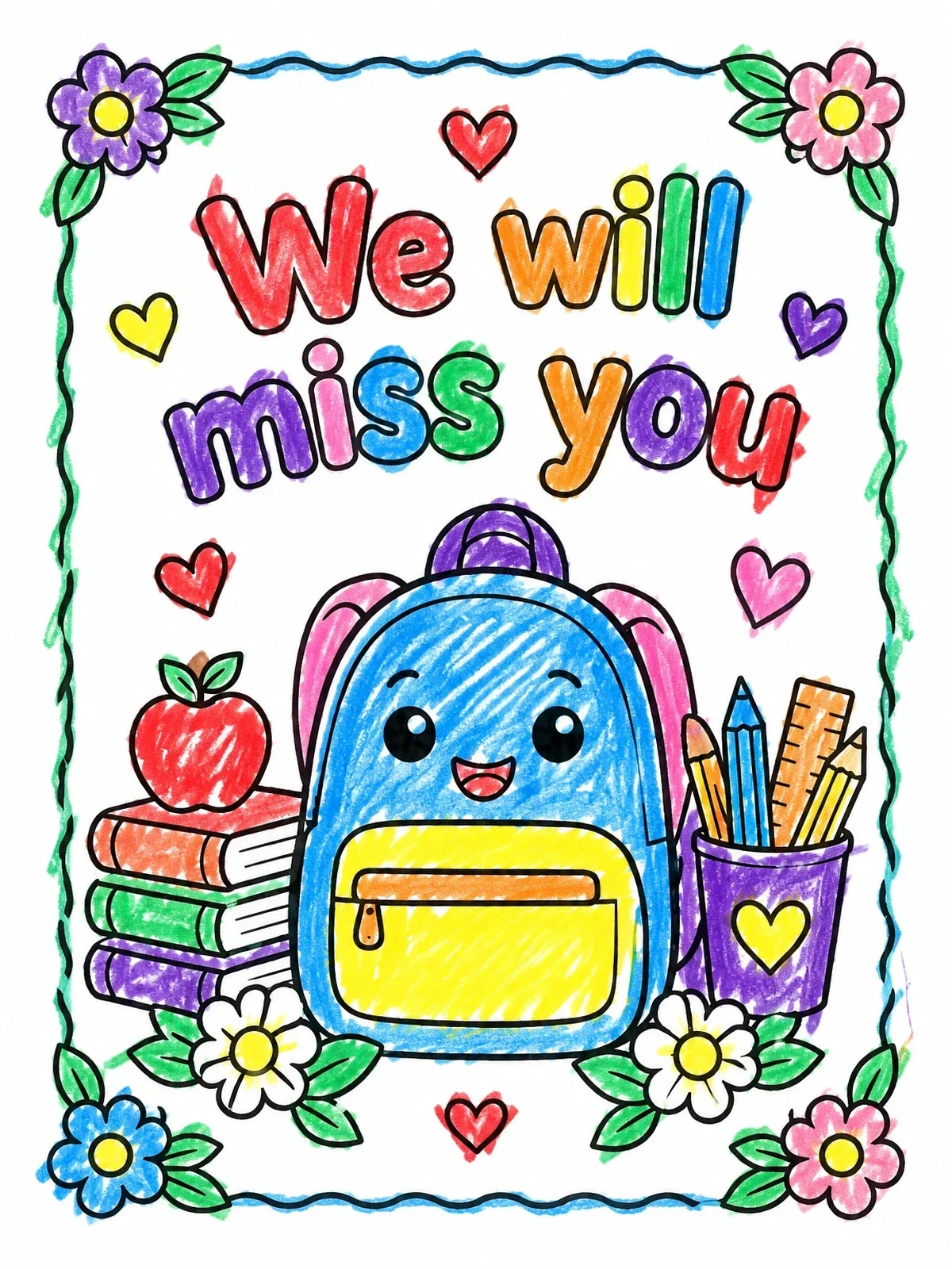 Colored example of the School Farewell Backpack Card coloring page