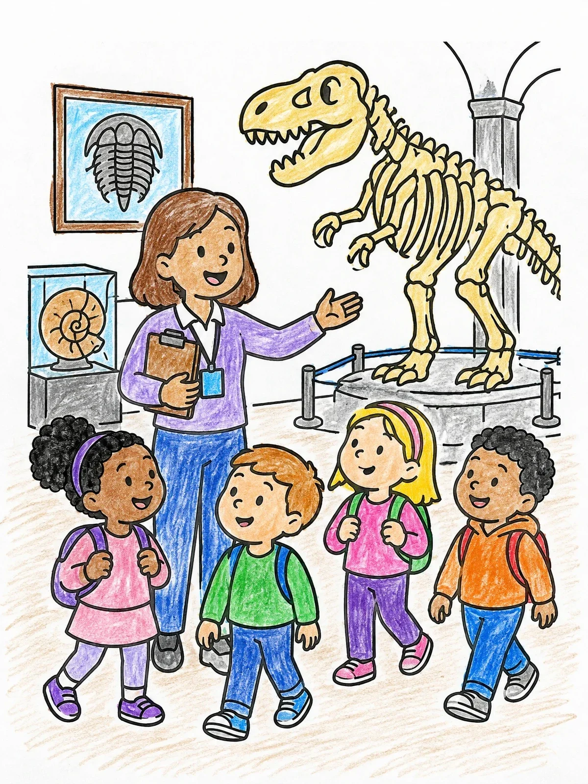 Colored example of the School Field Trip At Dinosaur Museum coloring page