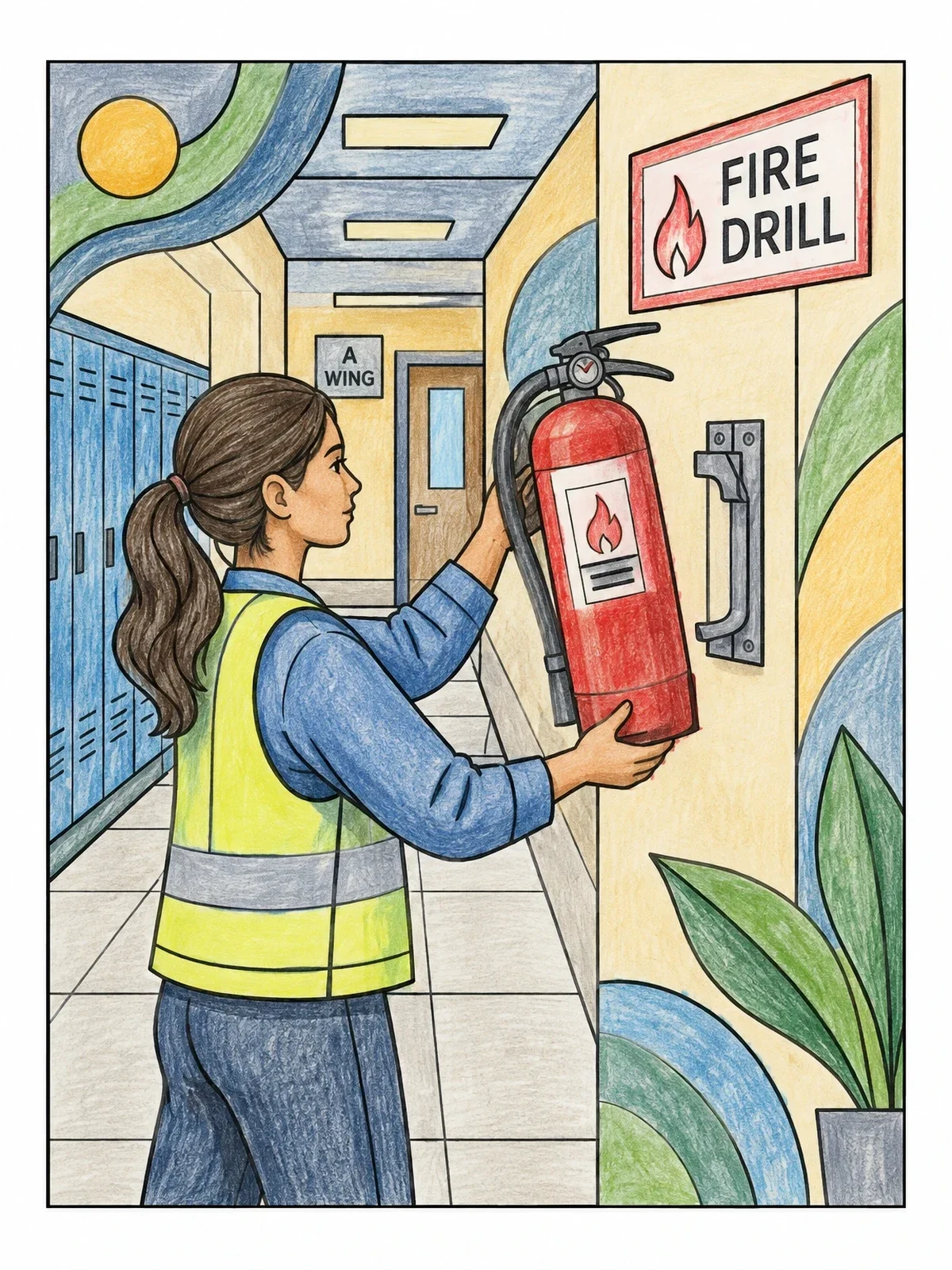 Colored example of the School Fire Drill Extinguisher Inspection coloring page