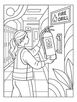 A woman handling equipment in this detailed fire extinguisher coloring page during a school drill.