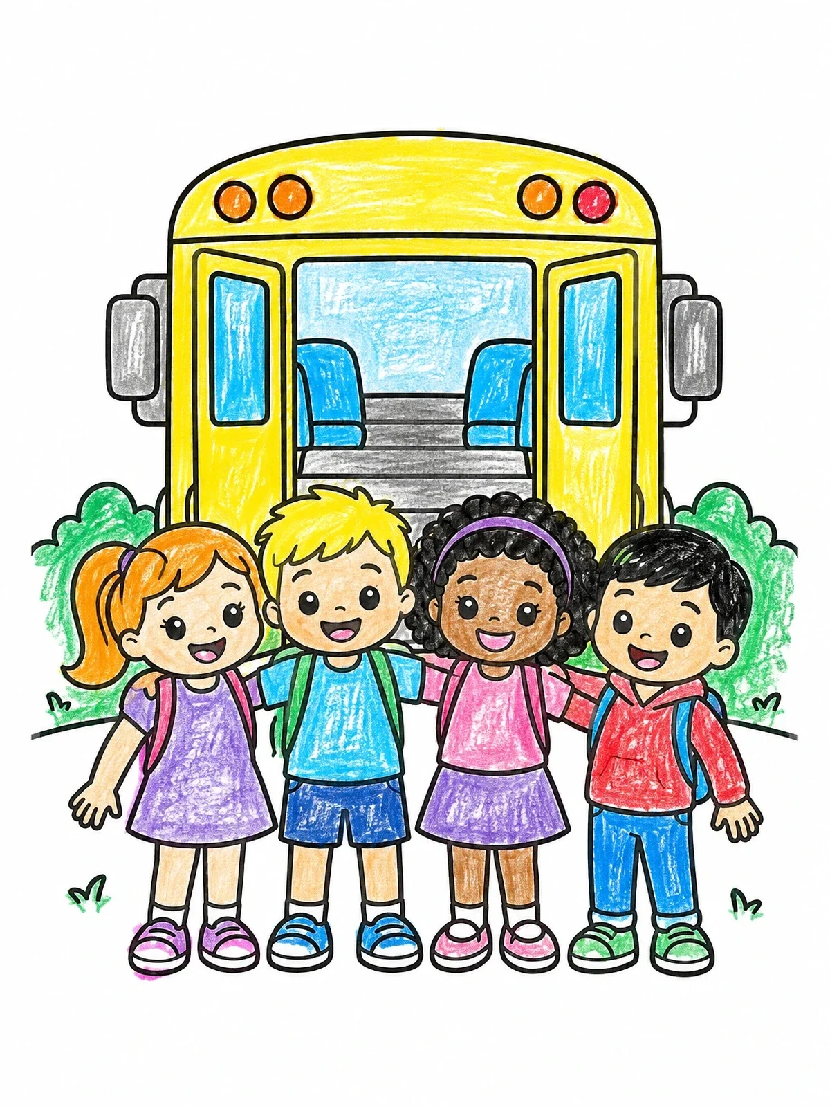 Colored example of the School Friends By The Bus coloring page
