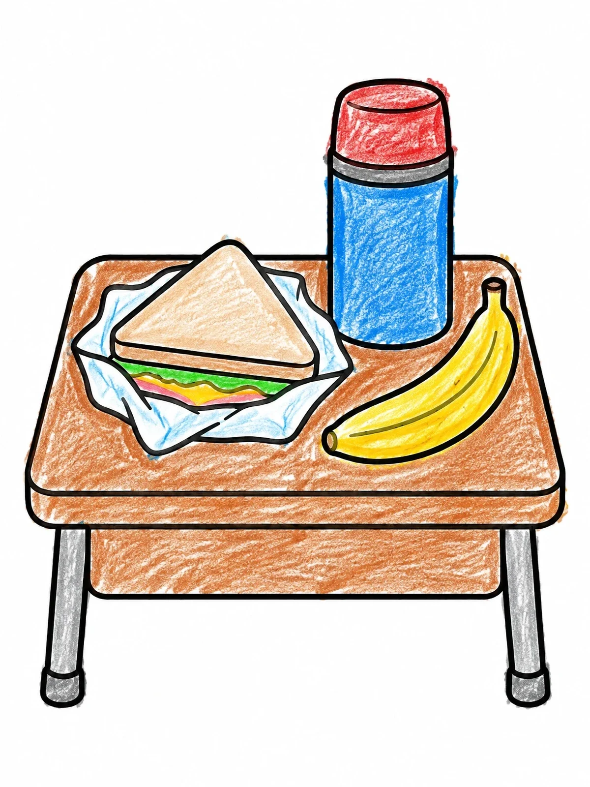 Colored example of the School Lunch On Desk coloring page