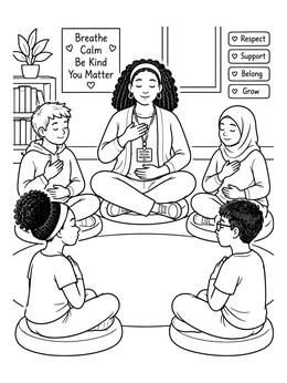 Students and a counselor in a social work coloring page practicing breathing exercises in a circle.
