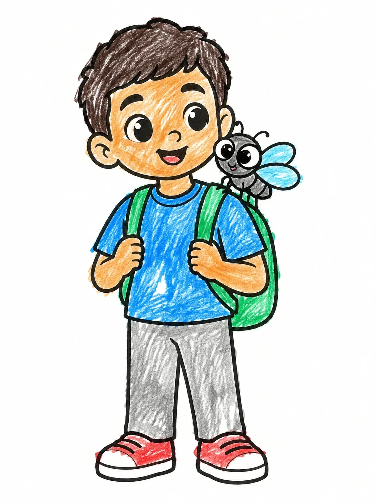 Colored example of the Schoolboy With Cute Pet Fly coloring page