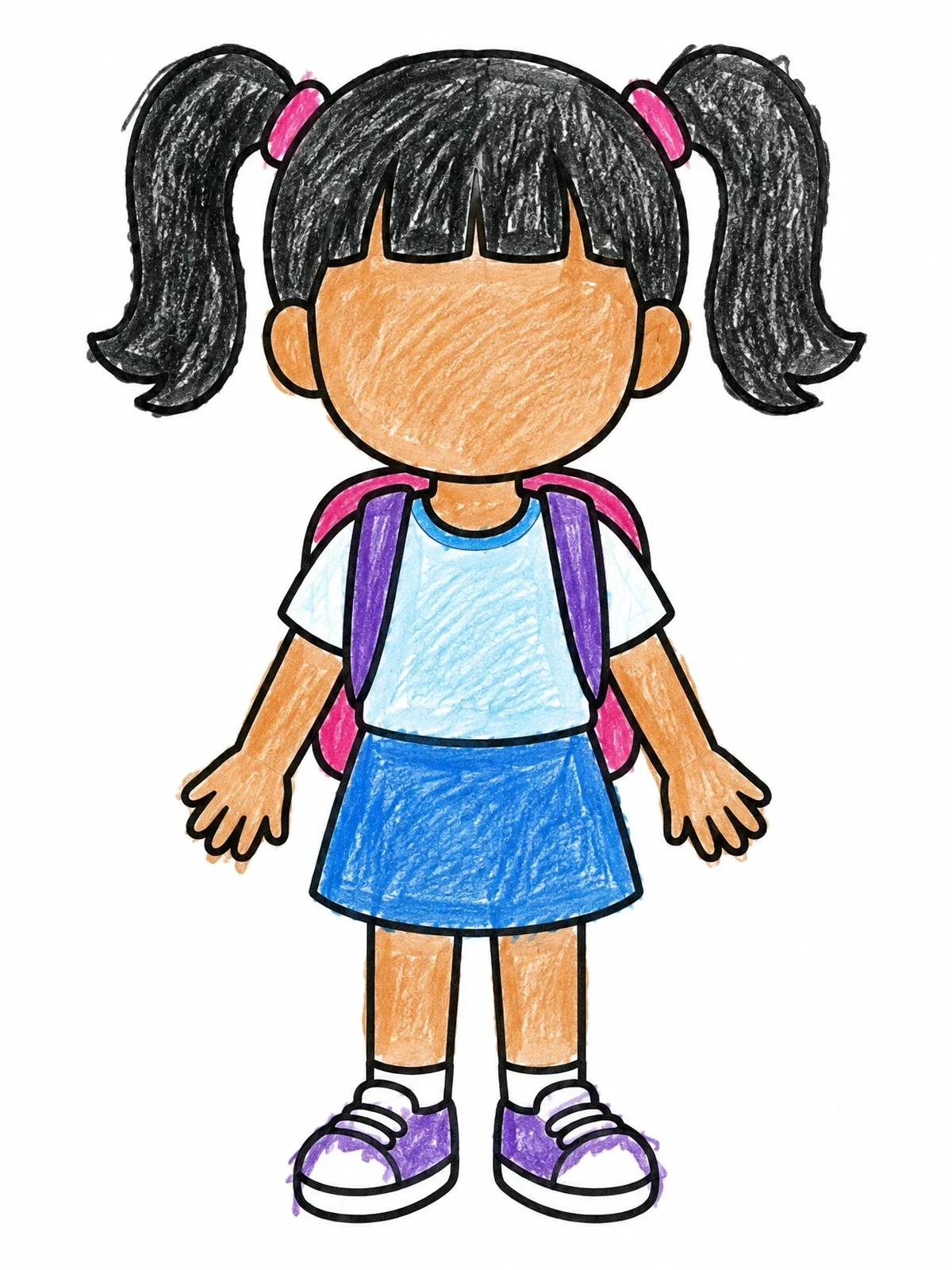 Colored example of the Schoolgirl With Pigtails Blank Template coloring page