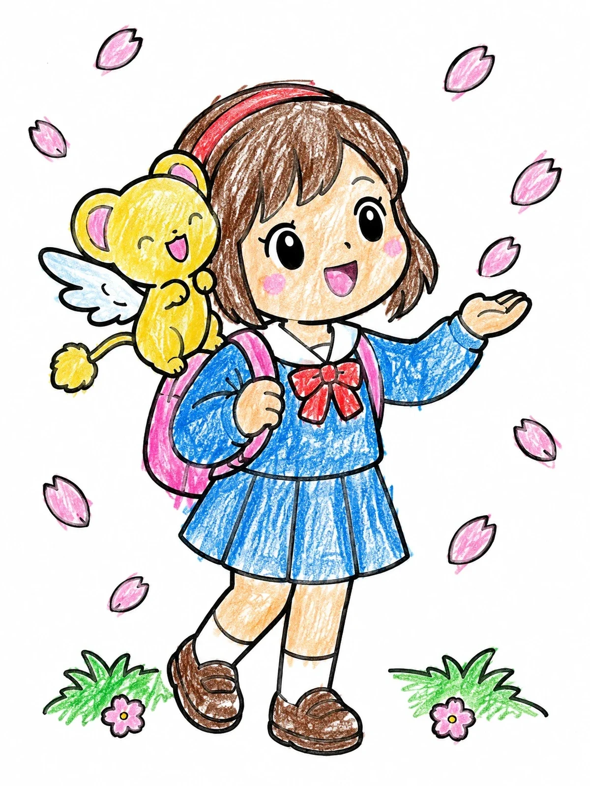 Colored example of the Schoolgirl And Winged Mascot In Sakura Petals coloring page