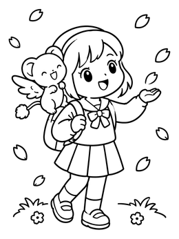 Free printable Schoolgirl And Winged Mascot In Sakura Petals coloring page