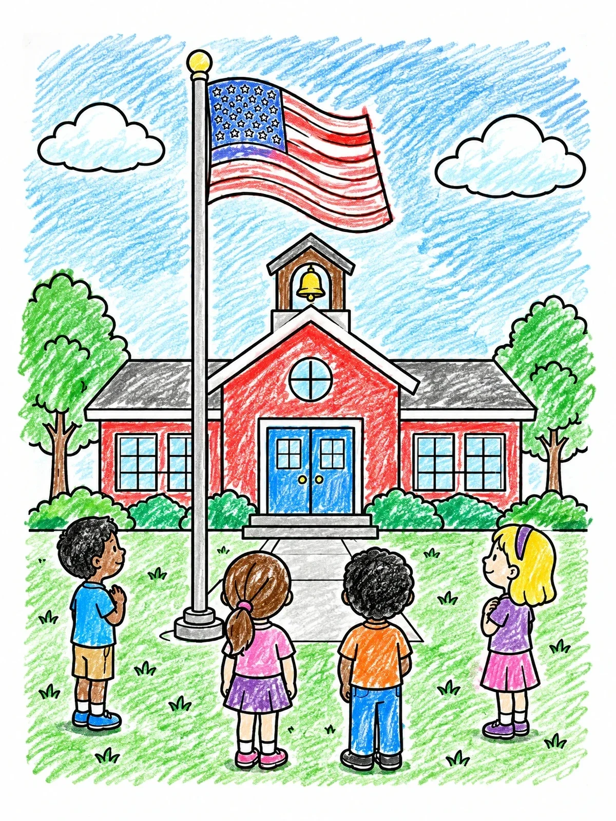 Colored example of the Schoolhouse Morning Flag Ceremony coloring page