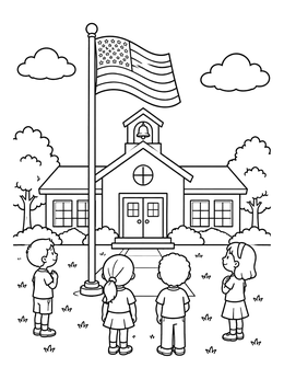Free printable Schoolhouse Morning Flag Ceremony coloring page