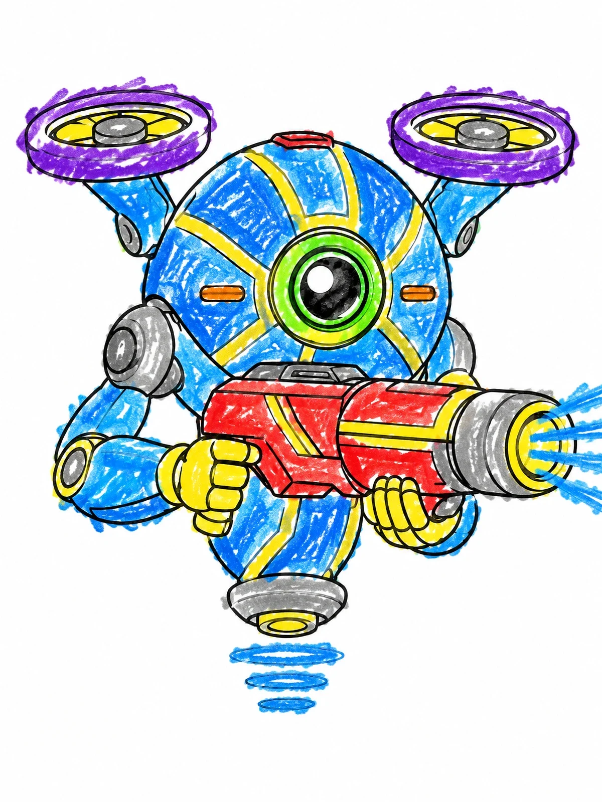 Colored example of the Sci Fi Flying Robot Drone coloring page