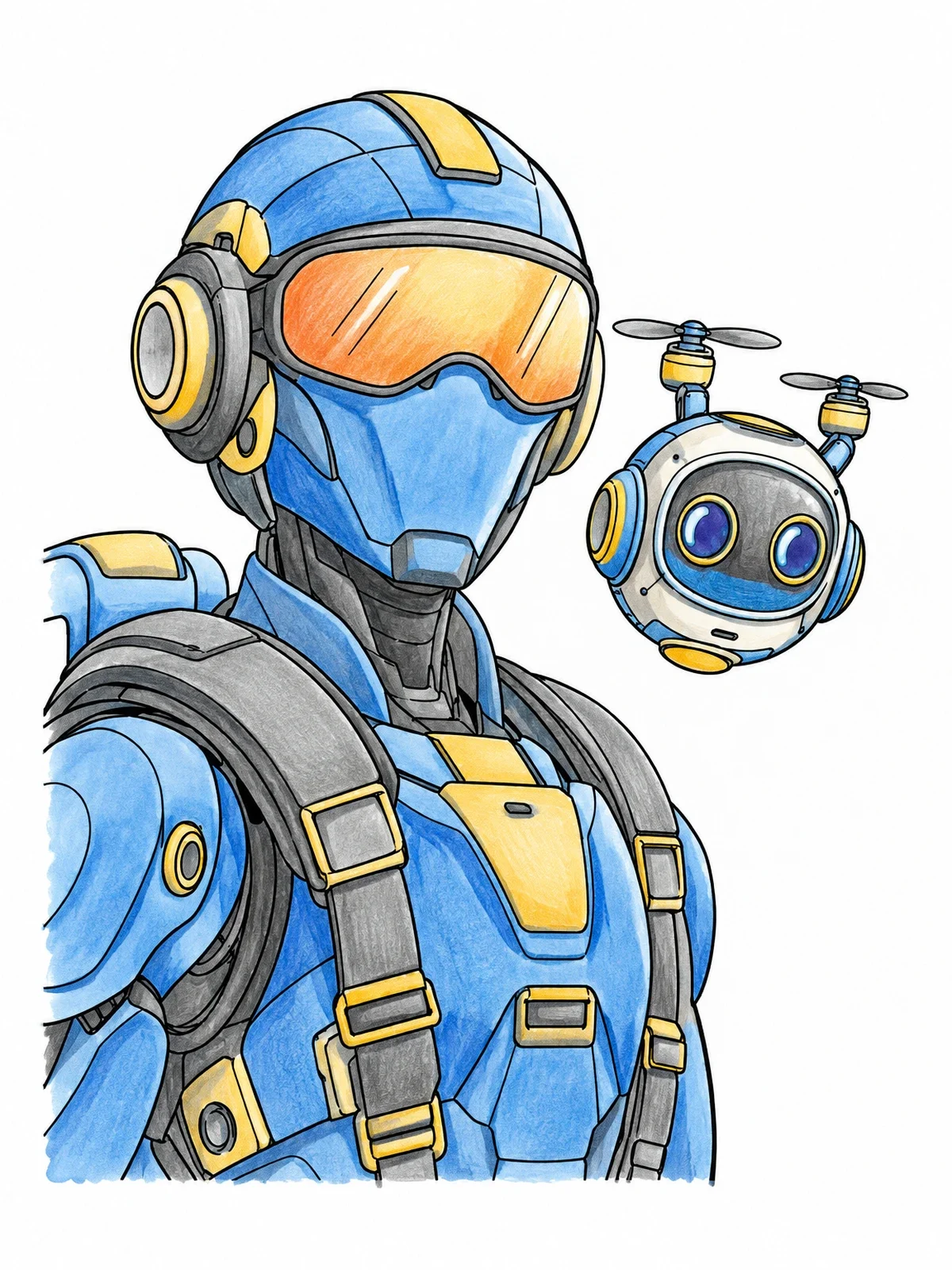 Colored example of the Sci Fi Pilot And Companion Drone coloring page