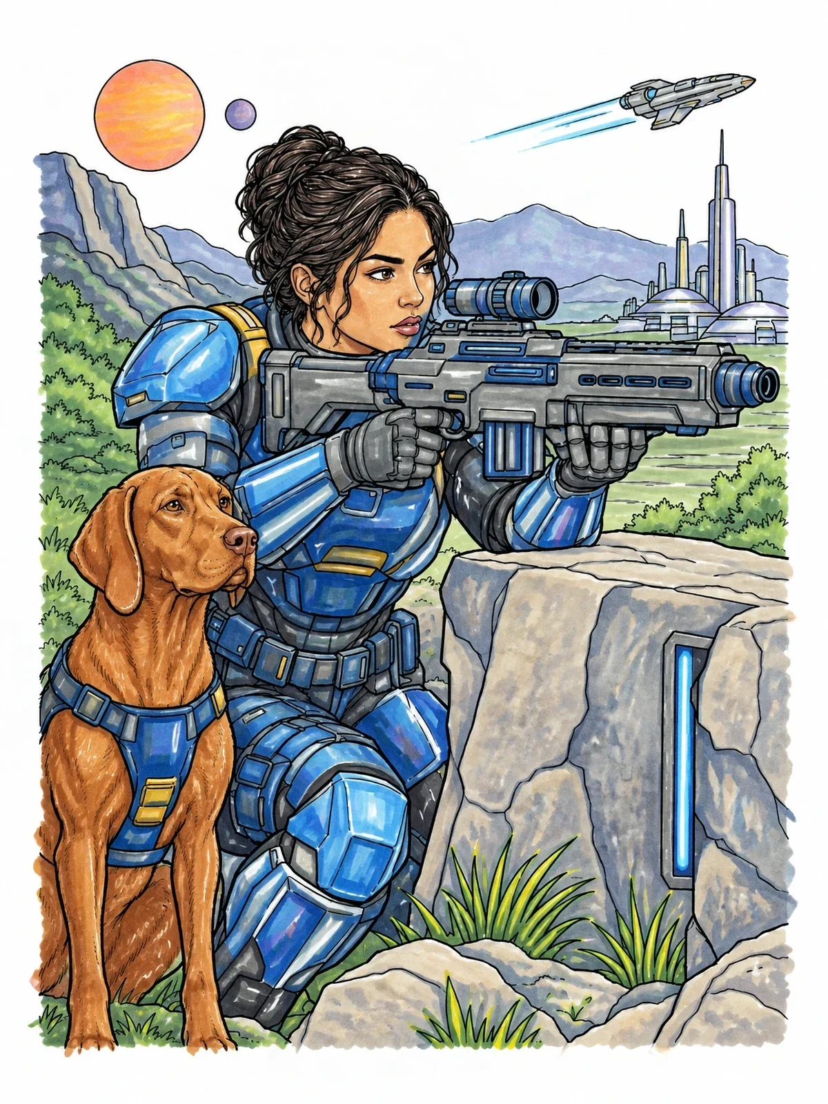 Colored example of the Sci Fi Soldier With Loyal Vizsla Companion coloring page