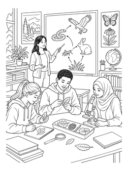 Students studying nature and a teacher pointing to a board in this food chain coloring page.