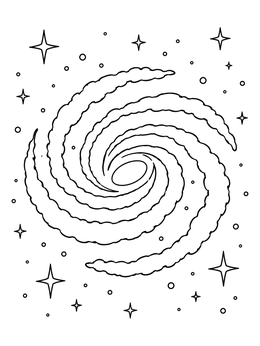 A cosmic spiral galaxy surrounded by sparkling stars in a science coloring page.