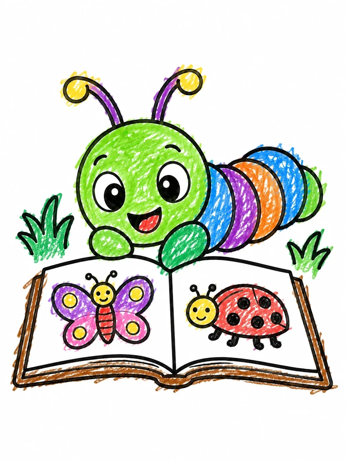Colored example of the Cute Caterpillar Reading An Insect Book coloring page