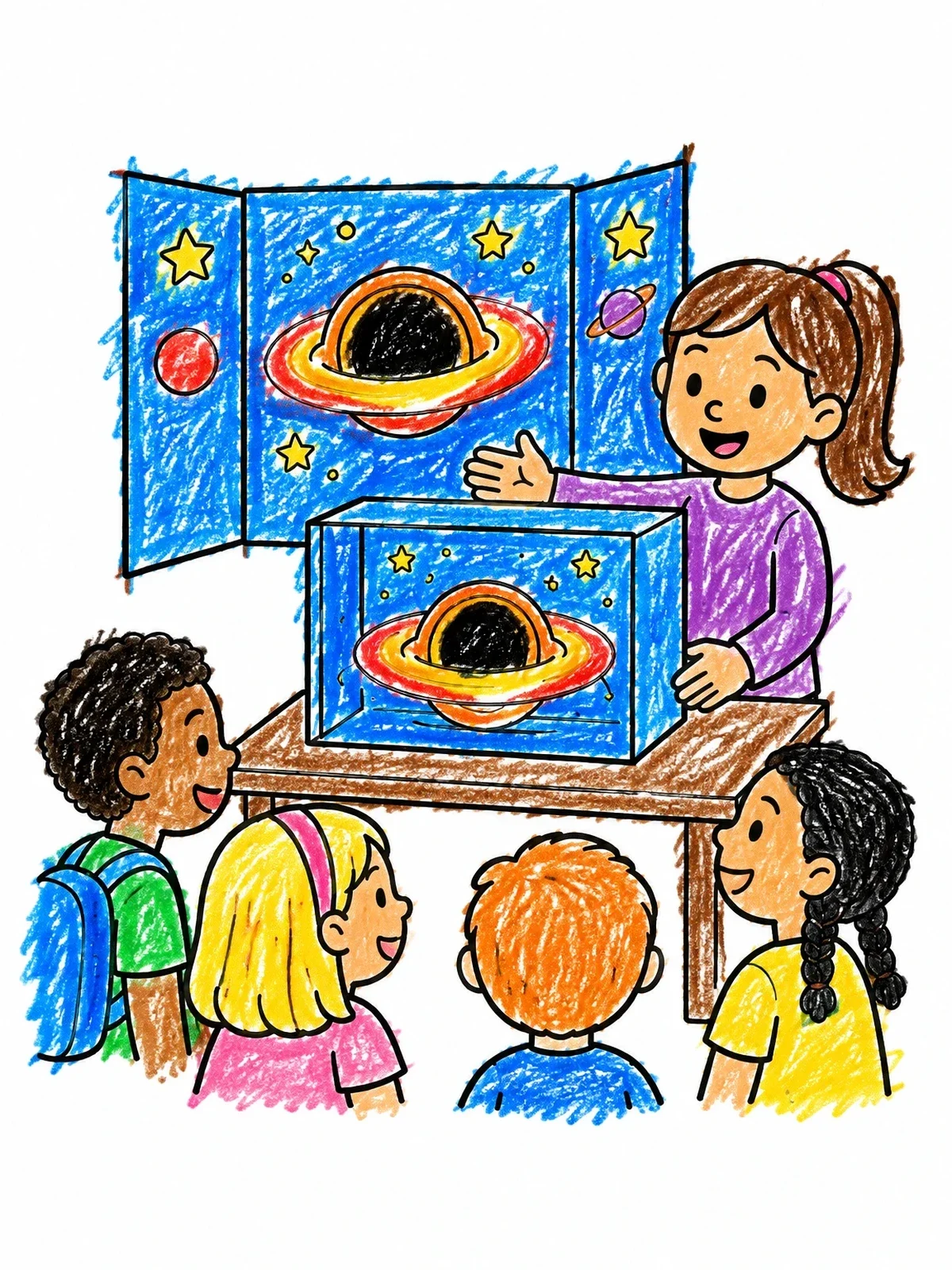 Colored example of the Science Fair Black Hole Project coloring page