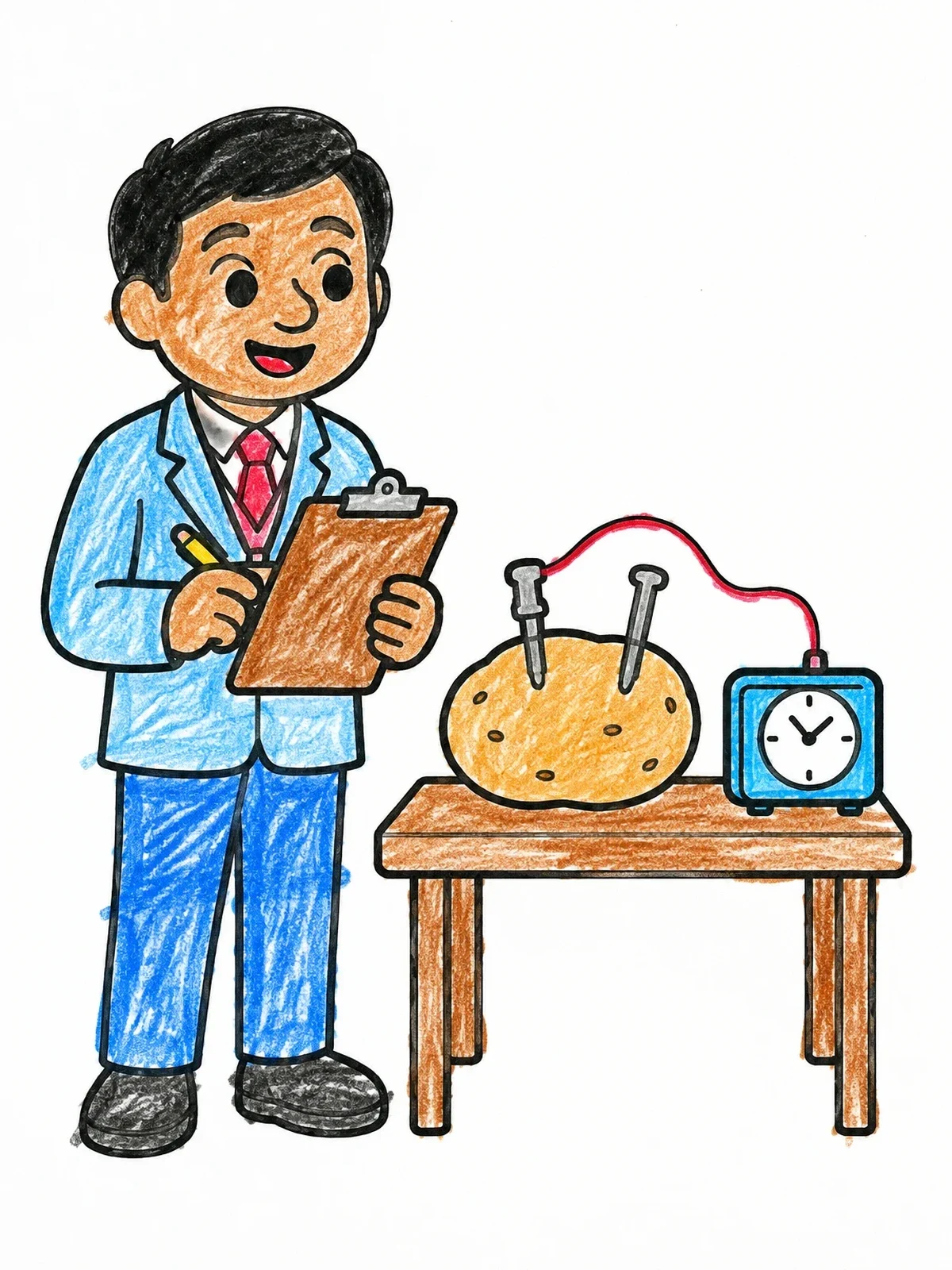 Colored example of the Science Fair Judge And Potato Clock coloring page