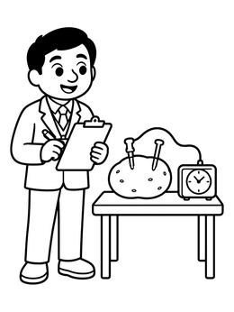 A friendly science fair judge checks a potato clock in this science coloring page.