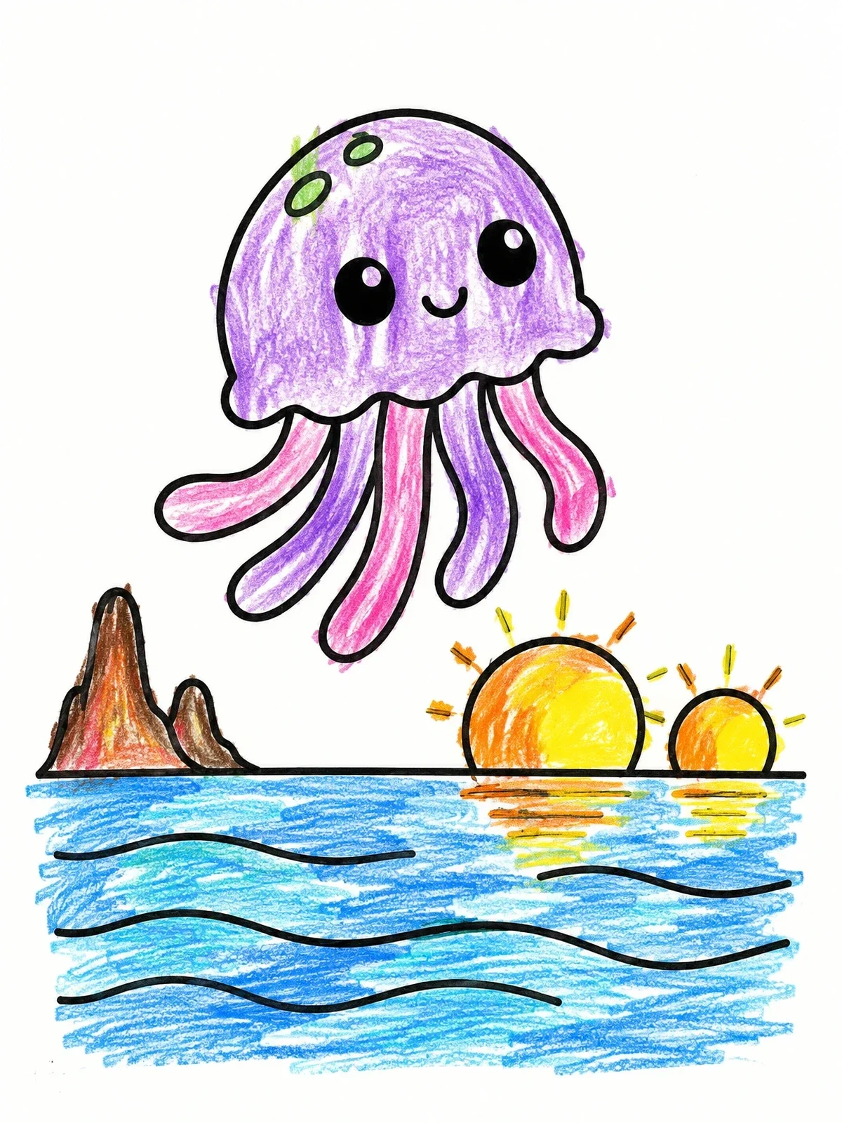 Colored example of the Cute Alien Jellyfish At Sunset coloring page