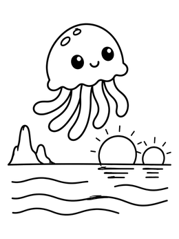 Free printable Cute Alien Jellyfish At Sunset coloring page